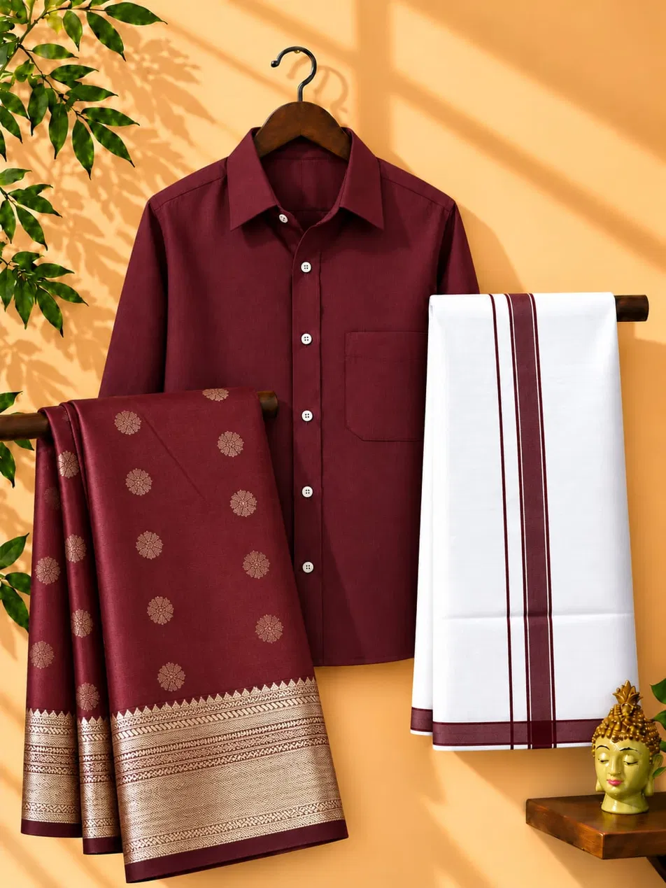 Maroon Gold Floral Zari Couple Combo Set